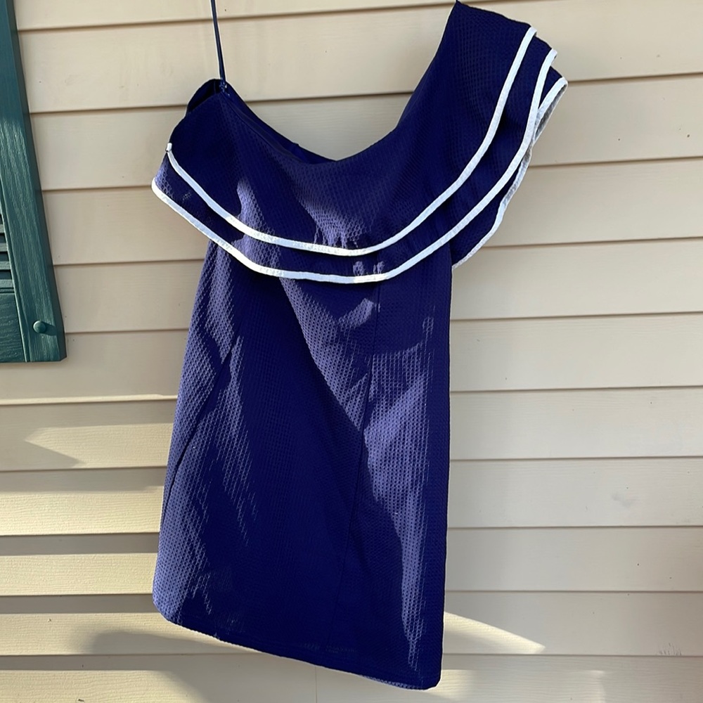 NWT She+Sky One Shoulder Blue MIDI Dress with White Detail, Size Small